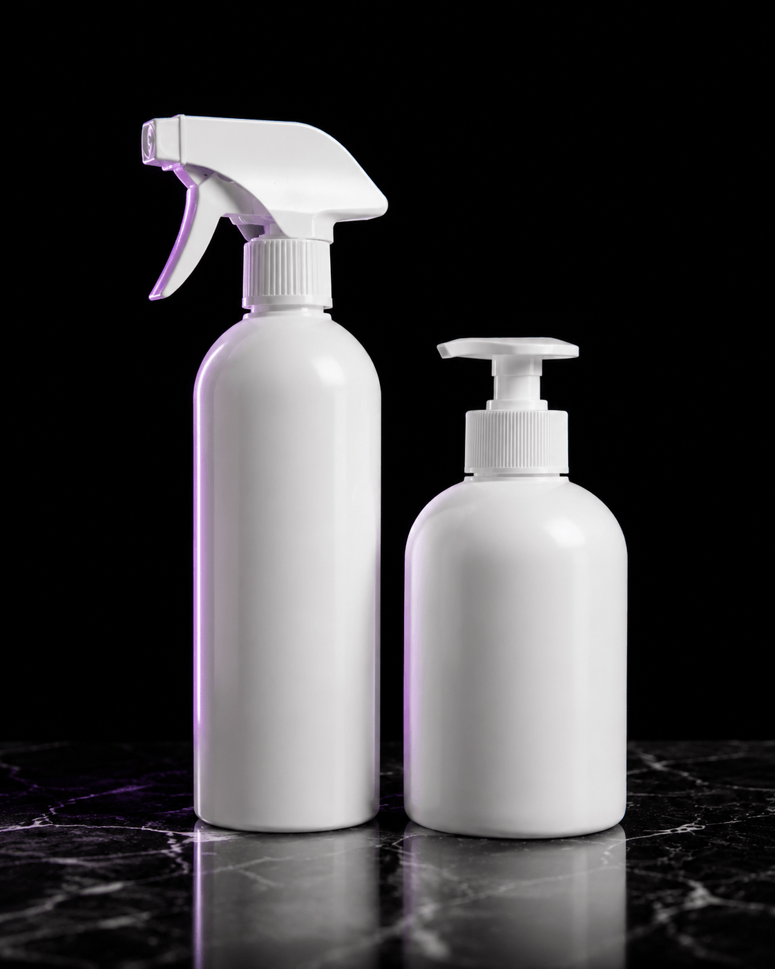 White plastic household cleaning spray bottle and pump dispenser on dark marble surface | Aorui Pack