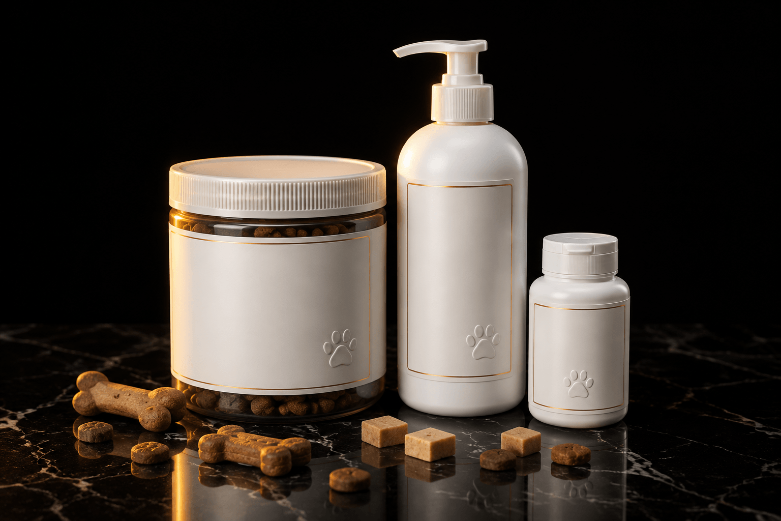 Pet treat jar, shampoo bottle and supplement dispenser with paw print design on dark marble surface | Aorui Pack
