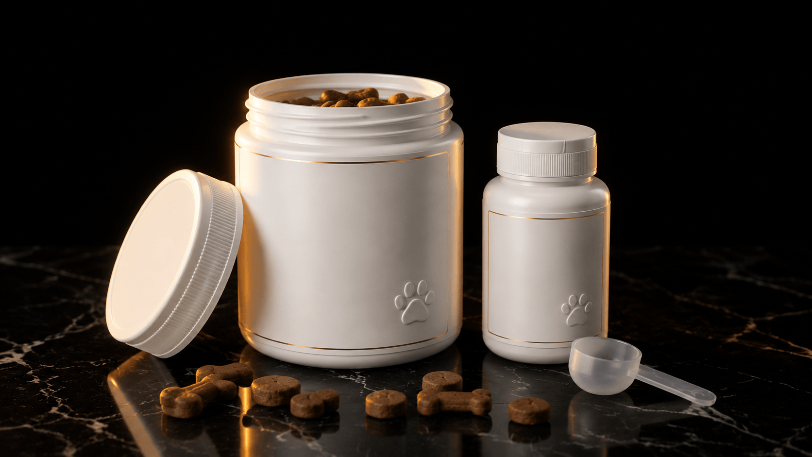 Pet treat jar with paw print detail and supplement bottle on dark marble surface | Aorui Pack