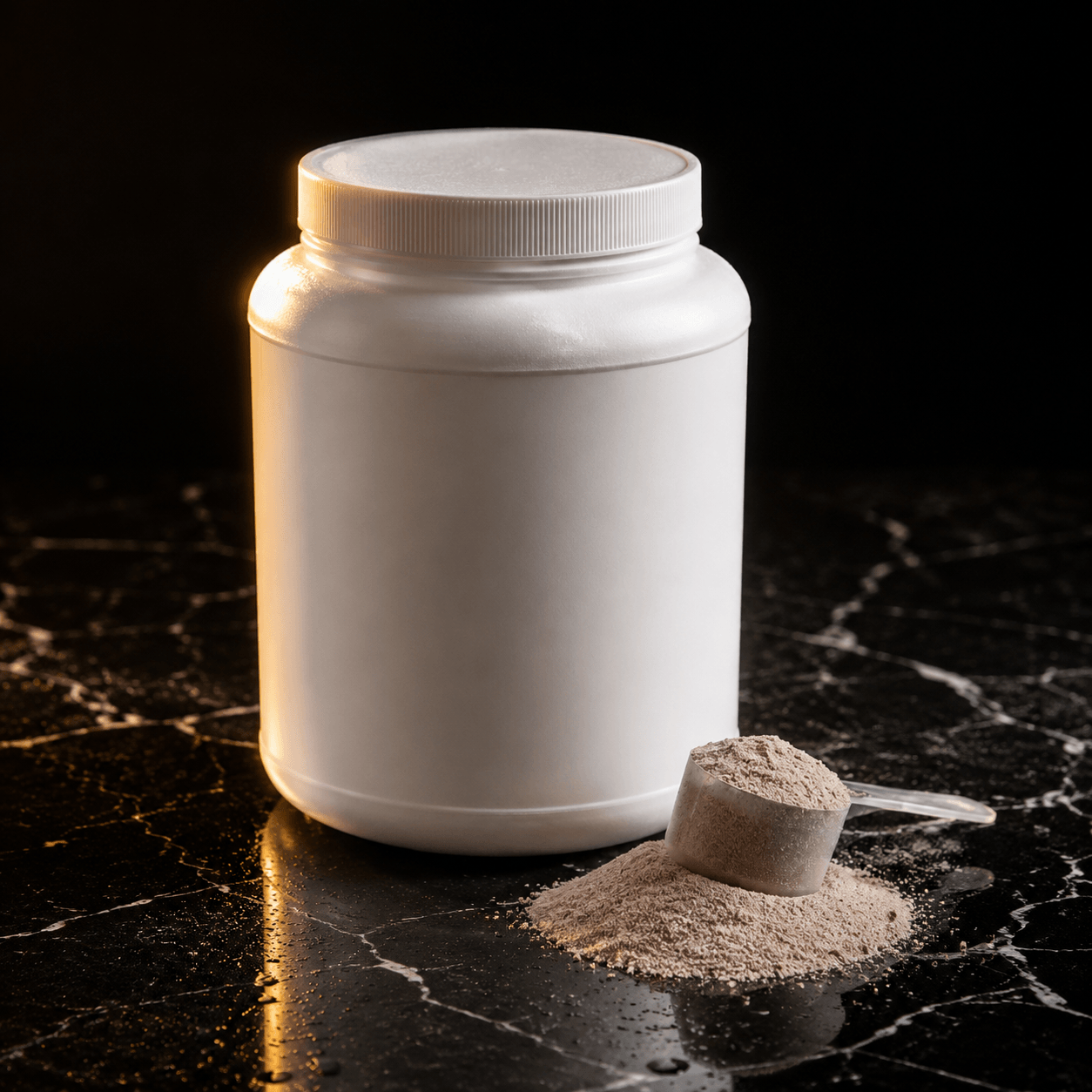 Supplement powder jar with scoop on dark marble surface | Aorui Pack