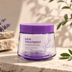 Clear cosmetic jar with purple screw lid