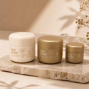 Round cosmetic sample jar with gold silk-screen printing, off-white finish - Aorui Pack