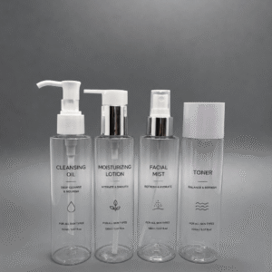 Custom printed clear cosmetic bottle set