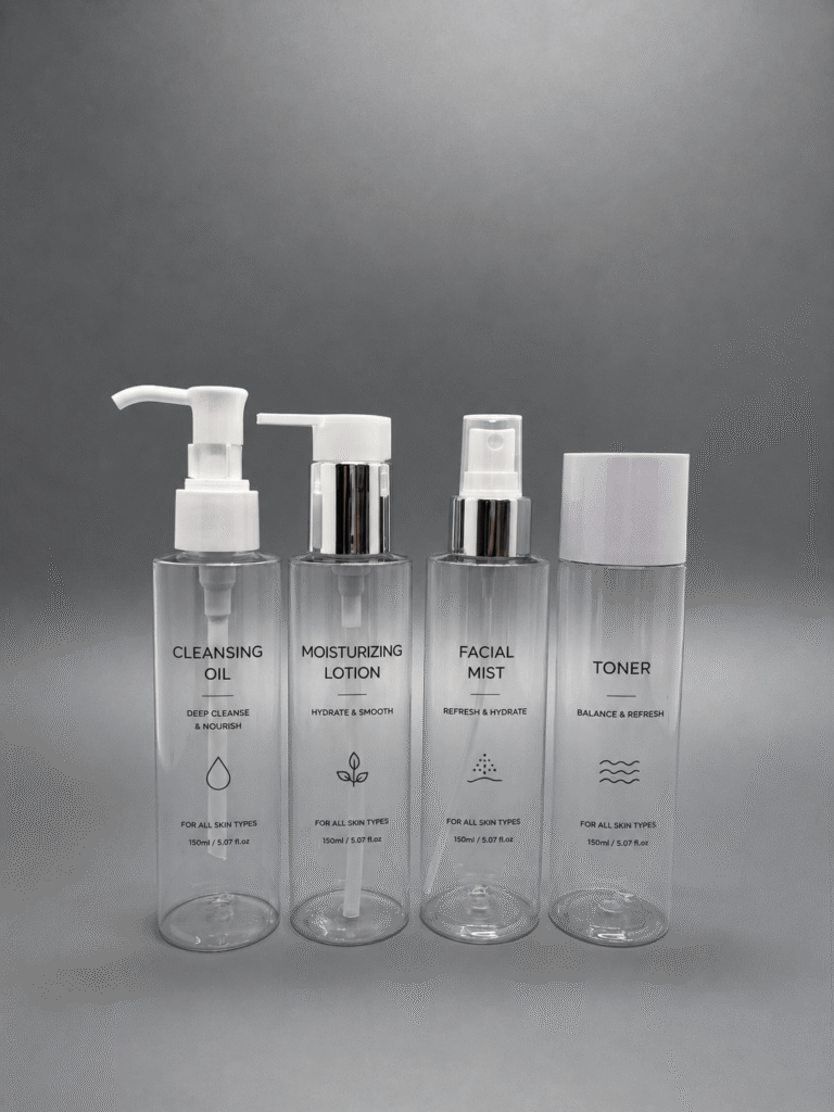 Custom printed clear cosmetic bottle set