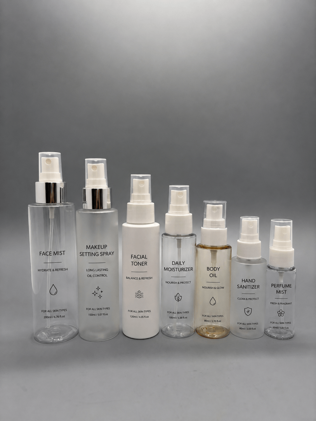 Custom printed cylindrical pump bottles in multiple sizes