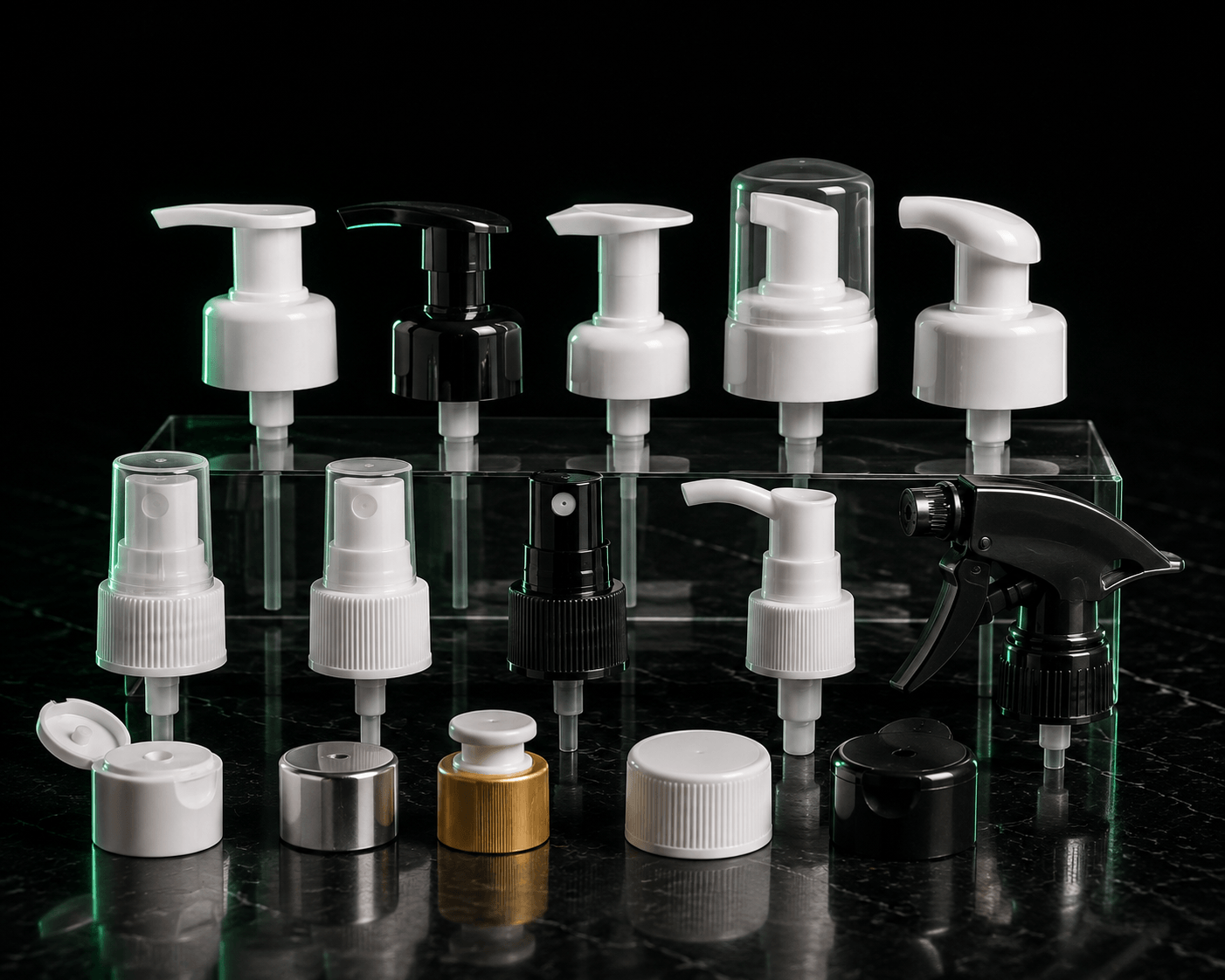 Custom pump and sprayer closures for plastic bottles including lotion pumps, mist sprayers and trigger sprayers